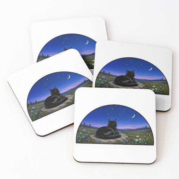 Item preview, Black Cat Stargazing Crescent Moon Landscape designed and sold by Old's Cool Cat Studio.