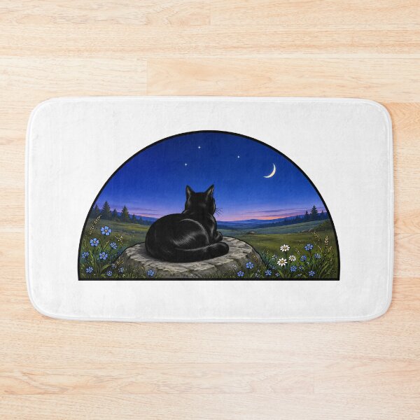 Item preview, Black Cat Stargazing Crescent Moon Landscape designed and sold by Old's Cool Cat Studio.