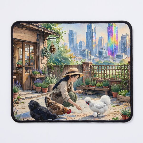 Item preview, Cute Girl Feeding Silkie Chickens on Cottagecore Rooftop Garden designed and sold by m-y-A-I-A-R-T-.