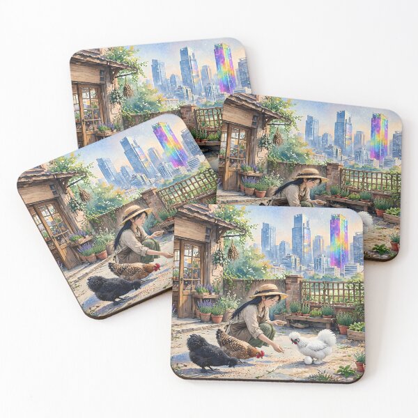 Item preview, Cute Girl Feeding Silkie Chickens on Cottagecore Rooftop Garden designed and sold by m-y-A-I-A-R-T-.