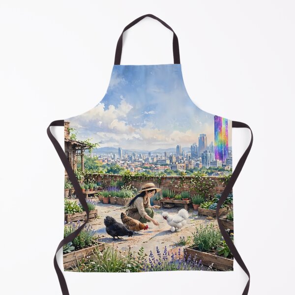 Item preview, Cute Girl Feeding Silkie Chickens on Cottagecore Rooftop Garden designed and sold by m-y-A-I-A-R-T-.