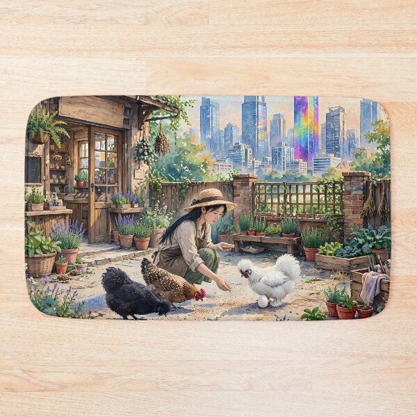 Item preview, Cute Girl Feeding Silkie Chickens on Cottagecore Rooftop Garden designed and sold by m-y-A-I-A-R-T-.