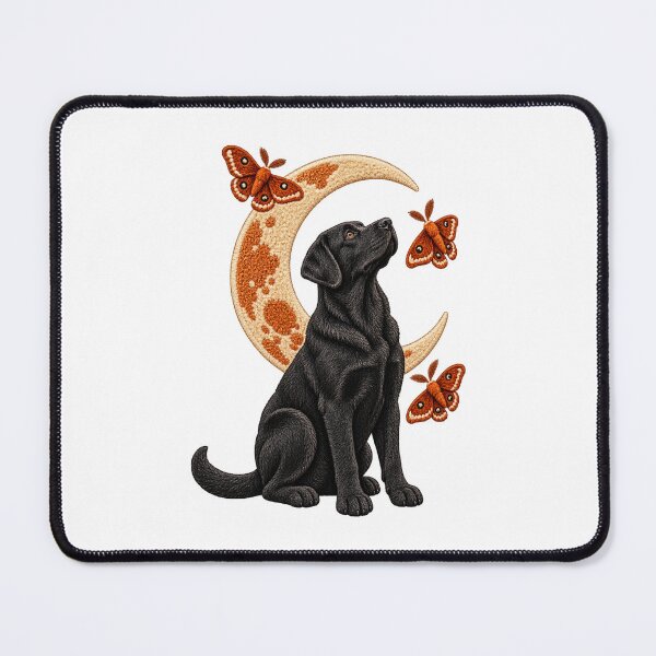 Item preview, Black Labrador Stargazer with Crescent Moon and Moths – Faux Embroidery Dog Art designed and sold by Jaani-T.