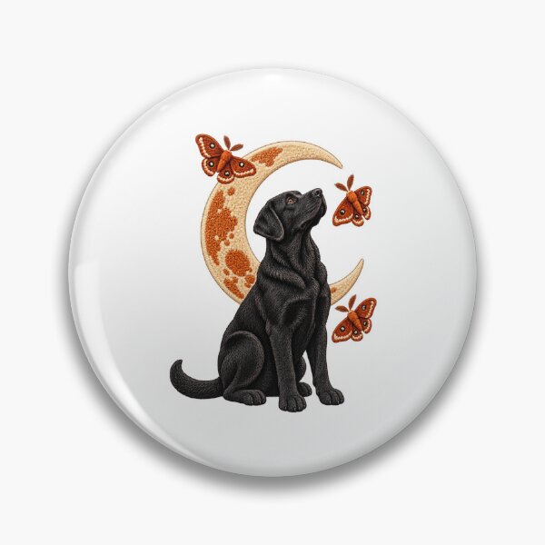 Item preview, Black Labrador Stargazer with Crescent Moon and Moths – Faux Embroidery Dog Art designed and sold by Jaani-T.