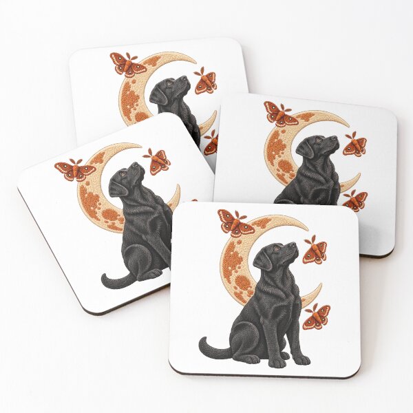 Item preview, Black Labrador Stargazer with Crescent Moon and Moths – Faux Embroidery Dog Art designed and sold by Jaani-T.