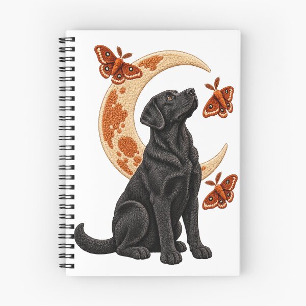 Item preview, Black Labrador Stargazer with Crescent Moon and Moths – Faux Embroidery Dog Art designed and sold by Jaani-T.