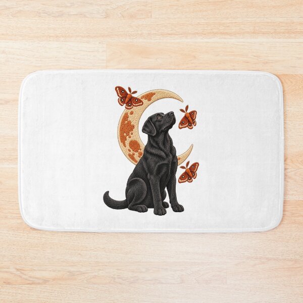 Item preview, Black Labrador Stargazer with Crescent Moon and Moths – Faux Embroidery Dog Art designed and sold by Jaani-T.