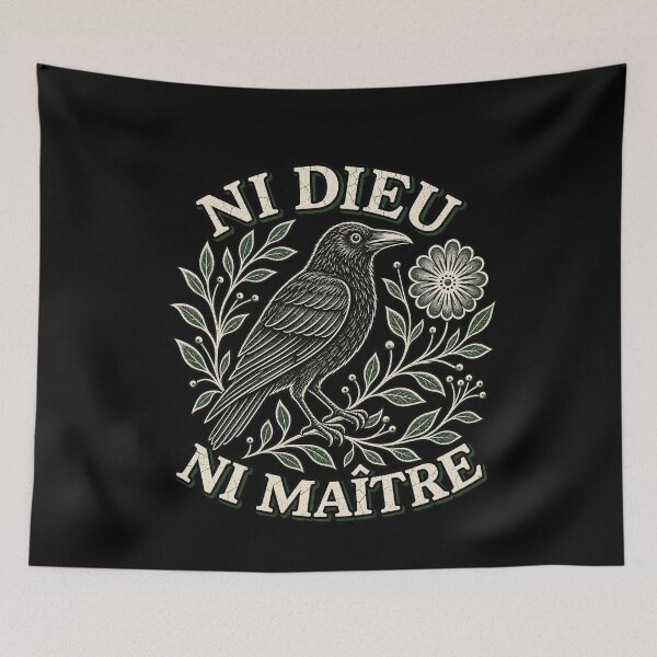 Item preview, Ni Dieu Ni Maitre Vintage Raven Crow Floral Woodcut Art designed and sold by SEINENGAPPI8.