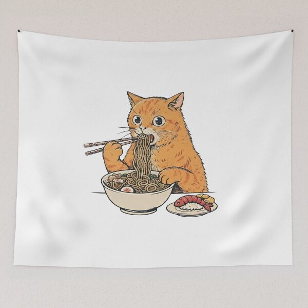 Aperçu de l'œuvre Chat roux mangeant des ramen créée et vendue par Rockveil Co..