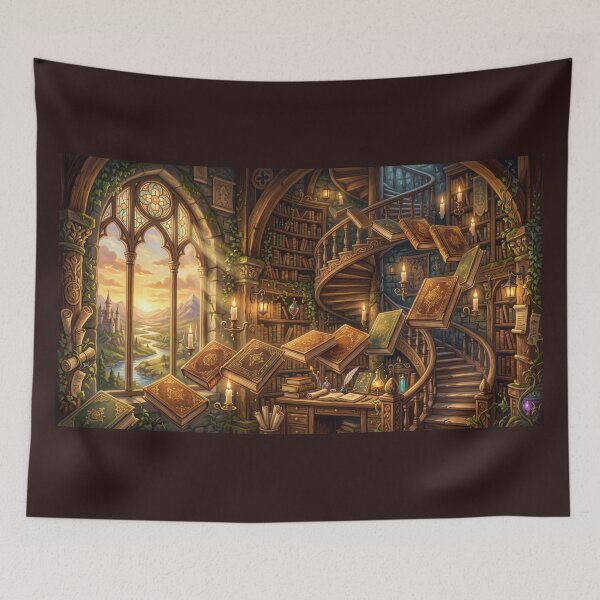 Item preview, Flying Books Library | Magical Spiral Staircase and Castle View designed and sold by SebastianSpace.