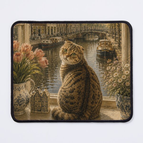 Item preview, Amsterdam Cat by the Canal – Vintage Scottish Fold Wall Art designed and sold by NoodlesTheCat.