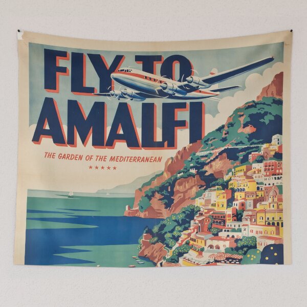 Item preview, Fly to Amalfi – Vintage 1950s Italian Travel Poster, Mid-Century Amalfi Coast Aviation Wall Art designed and sold by Tamas Das.