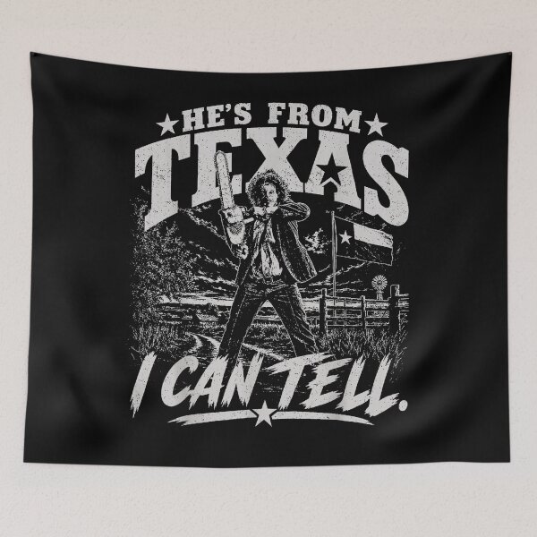 Item preview, Hes From Texas I Can Tell Leatherface Chainsaw White Vintage Horror Movie Fan Apparel designed and sold by slmfams.