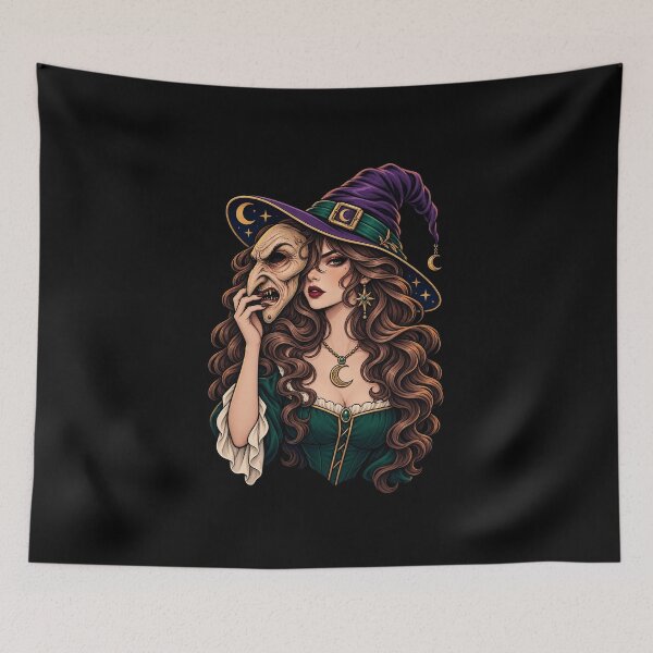 Item preview, Witch Holding a Hag Mask Fantasy Illustration designed and sold by elderberry.