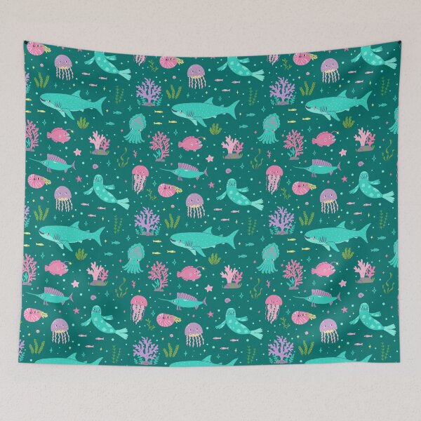Item preview,  sea animals: shark, seal, jellyfish and others on a turquoise background. designed and sold by burbura.