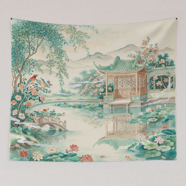Item preview, Lotus Pavilion Garden – Elegant Chinoiserie Lotus Pond Wall Art, Vintage Asian Garden Decor designed and sold by Tamas Das.