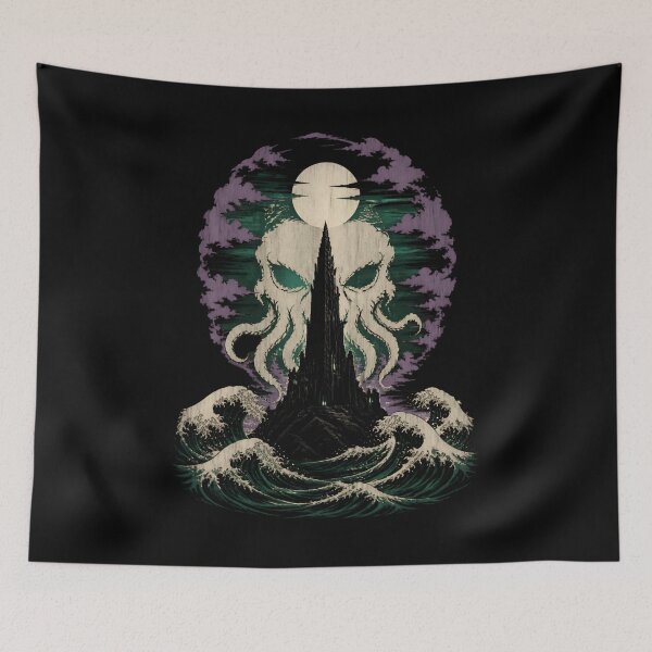 Item preview, Lovecraft Moonlit Cthulhu Skull Over Black Spire designed and sold by Fenay Designs.