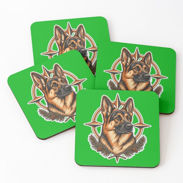 Item preview, German Shepherd Trail Guardian with Compass and Pine – Vintage Linocut Dog Art designed and sold by Jaani-T.