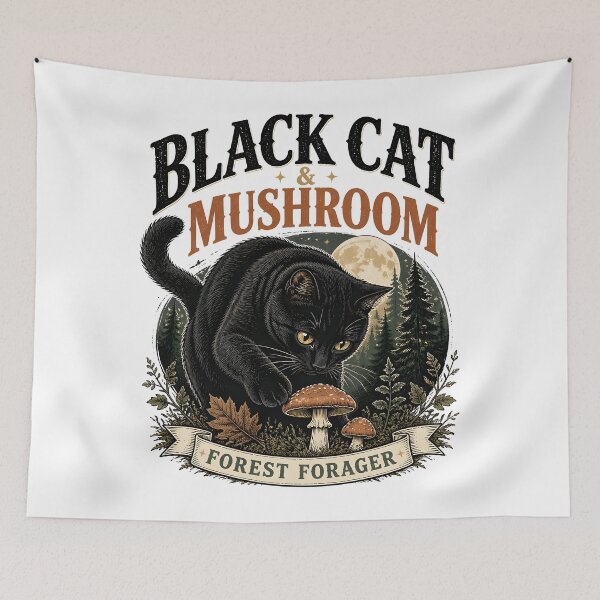 Item preview, BLACK CAT & MUSHROOM Forest Forager Halloween Vintage Screen Print designed and sold by LiviuGligoros.
