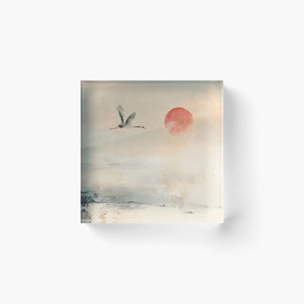 Item preview, Crane Red Sun Mountain, Beige Gray Watercolor Japandi Landscape designed and sold by Studio Harmonia.