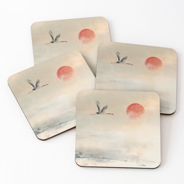 Item preview, Crane Red Sun Mountain, Beige Gray Watercolor Japandi Landscape designed and sold by Studio Harmonia.