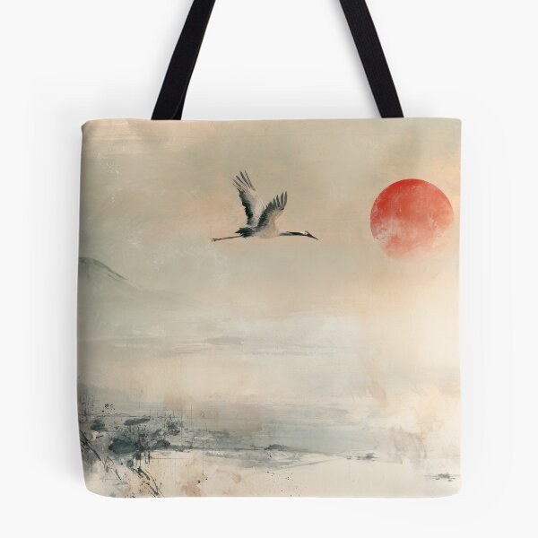 Item preview, Crane Red Sun Mountain, Beige Gray Watercolor Japandi Landscape designed and sold by Studio Harmonia.