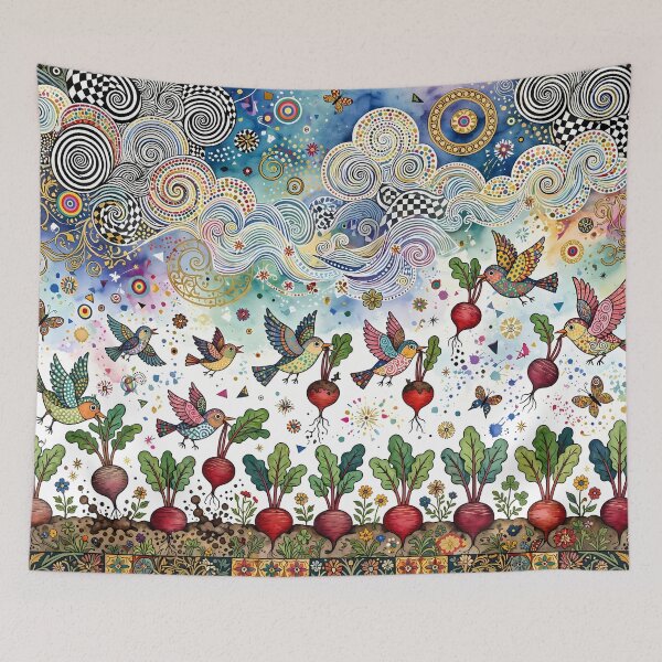 Item preview, Whimsical Birds Harvesting Beetroots in Magical Garden designed and sold by m-y-A-I-A-R-T-.