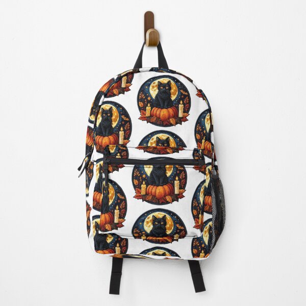Item preview, Black cat sitting on pumpkin with candles and leaves during Halloween night under a full moon designed and sold by CreativeLarysa.