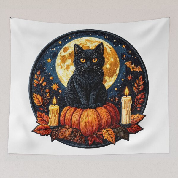 Item preview, Black cat sitting on pumpkin with candles and leaves during Halloween night under a full moon designed and sold by CreativeLarysa.