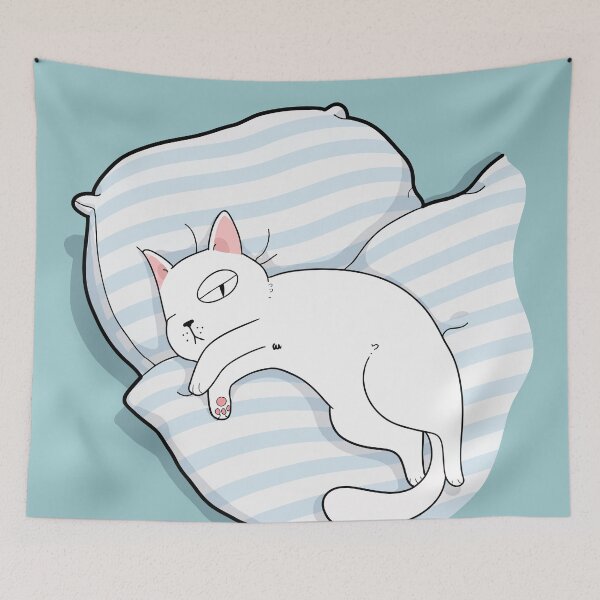Item preview, Have Fun At Work Funny Smug Sleeping White Cat In Bed Graphic Art designed and sold by The Upside Down.