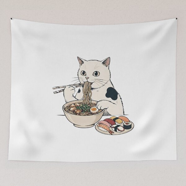 Item preview, white and black cat eating ramen designed and sold by Rockveil Co..
