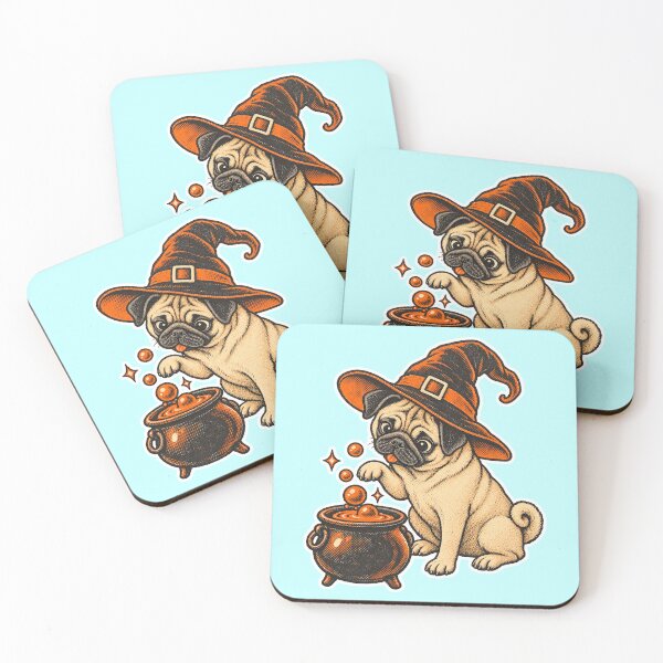 Item preview, Curious Pug Witch with Bubbling Cauldron – Vintage Risograph Halloween Dog Art designed and sold by Jaani-T.