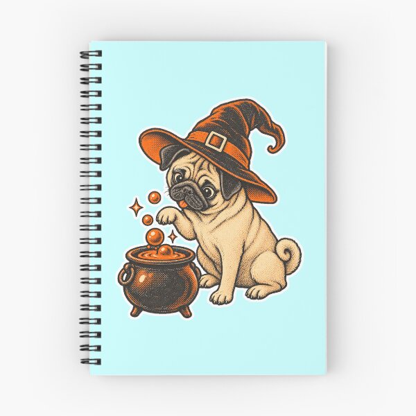 Item preview, Curious Pug Witch with Bubbling Cauldron – Vintage Risograph Halloween Dog Art designed and sold by Jaani-T.