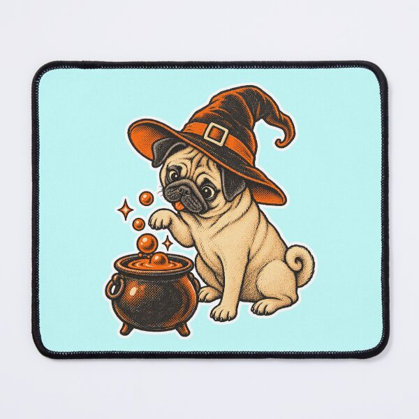 Item preview, Curious Pug Witch with Bubbling Cauldron – Vintage Risograph Halloween Dog Art designed and sold by Jaani-T.