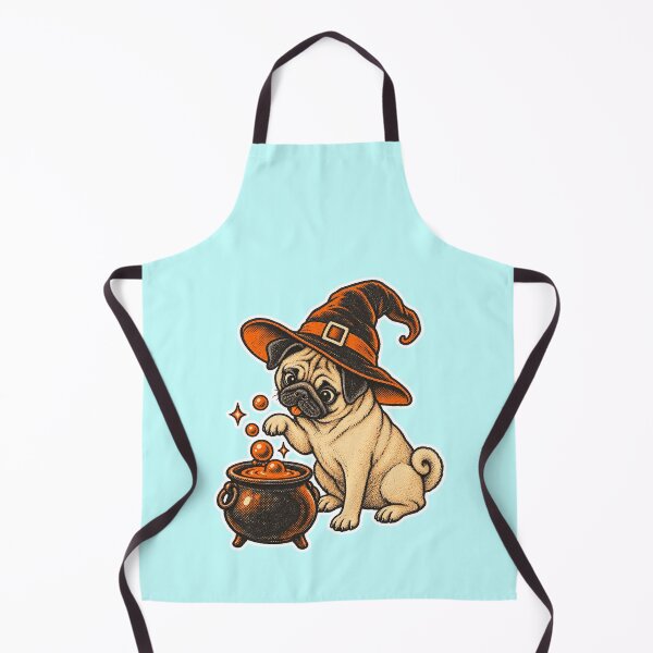 Item preview, Curious Pug Witch with Bubbling Cauldron – Vintage Risograph Halloween Dog Art designed and sold by Jaani-T.