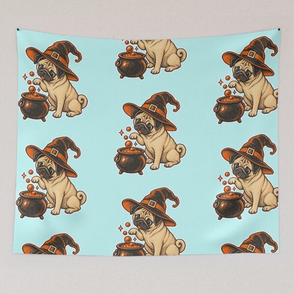 Item preview, Curious Pug Witch with Bubbling Cauldron – Vintage Risograph Halloween Dog Art designed and sold by Jaani-T.