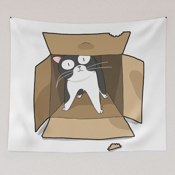 Item preview, Funny Wide Eyed Tuxedo Cat In Cardboard Box Chewed Box Art designed and sold by The Upside Down.