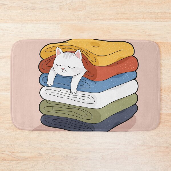 Item preview, Cozy White Cat Sleeping In Warm Folded Laundry Pile Cute Graphic Art designed and sold by The Upside Down.