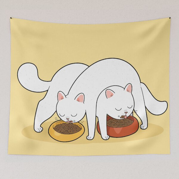 Item preview, Funny White Cats Tangled Eating Food Bowls Comic Sibling Graphic Art designed and sold by The Upside Down.