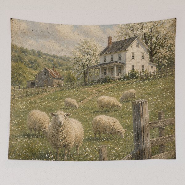 Item preview, Vintage Pastoral Oil Painting Sheep in Meadow designed and sold by Jozefin's Studio.