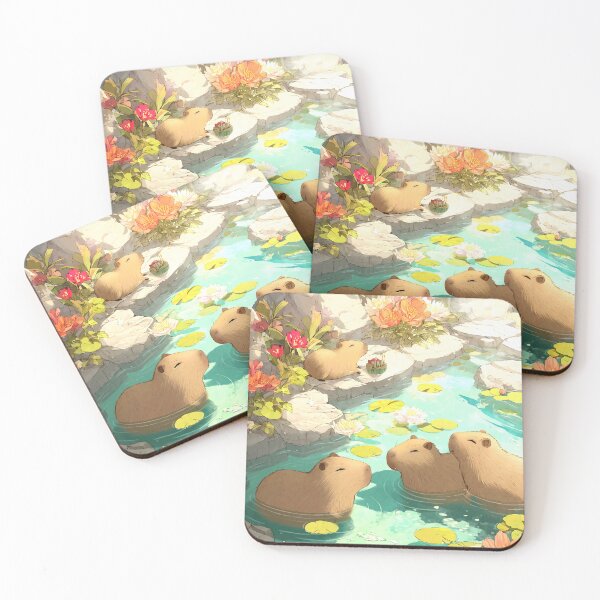 Item preview, Anime Capybara Hot Spring Kawaii Watercolor Botanical Pond Wall Decor designed and sold by FaizArtShop.
