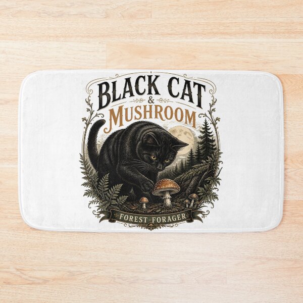 Item preview, BLACK CAT & MUSHROOM Forest Forager Halloween Gothic Engraving designed and sold by LiviuGligoros.
