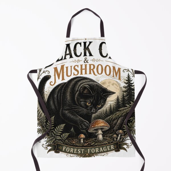 Item preview, BLACK CAT & MUSHROOM Forest Forager Halloween Gothic Engraving designed and sold by LiviuGligoros.