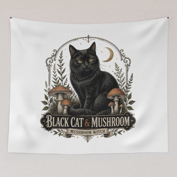 Item preview, BLACK CAT & MUSHROOM Mushroom Witch Halloween Gothic Engraving designed and sold by LiviuGligoros.