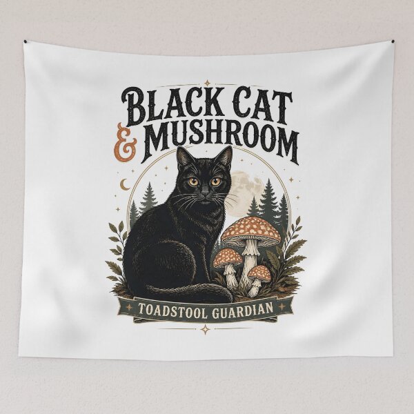 Item preview, BLACK CAT & MUSHROOM Toadstool Guardian Halloween Vintage Screen Print designed and sold by LiviuGligoros.
