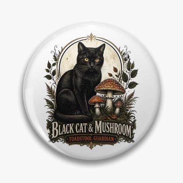 Item preview, BLACK CAT & MUSHROOM Toadstool Guardian Halloween Gothic Engraving designed and sold by LiviuGligoros.
