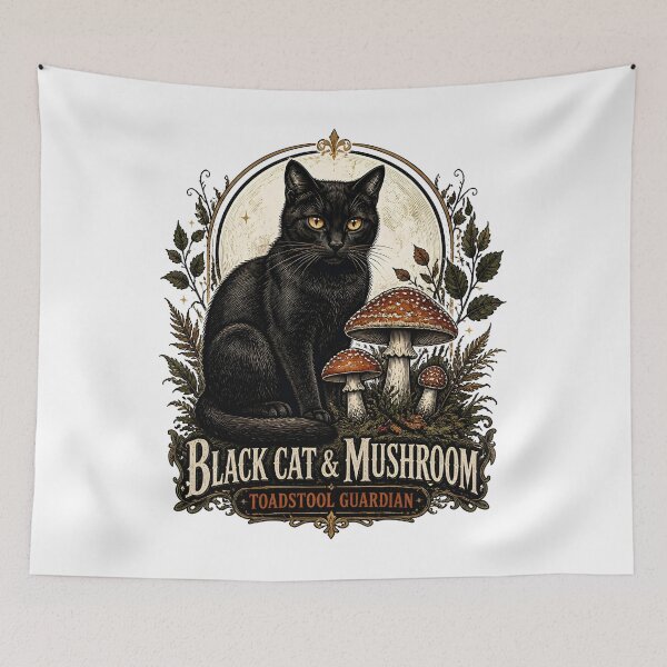Item preview, BLACK CAT & MUSHROOM Toadstool Guardian Halloween Gothic Engraving designed and sold by LiviuGligoros.