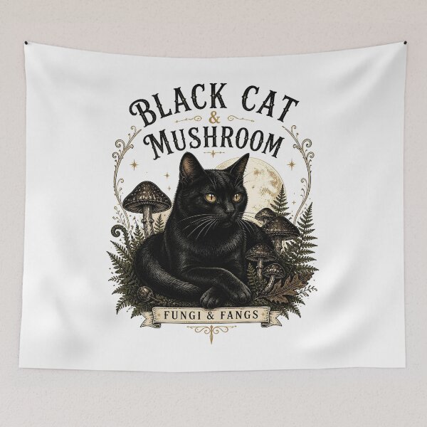Item preview, BLACK CAT & MUSHROOM Fungi & Fangs Halloween Gothic Engraving designed and sold by LiviuGligoros.