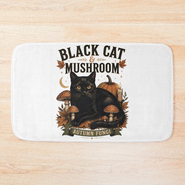 Item preview, BLACK CAT & MUSHROOM Autumn Fungi Halloween Vintage Screen Print designed and sold by LiviuGligoros.