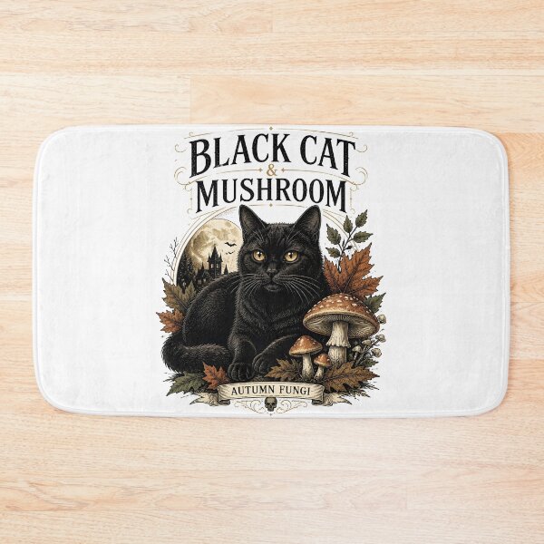 Item preview, BLACK CAT & MUSHROOM Autumn Fungi Halloween Gothic Engraving designed and sold by LiviuGligoros.